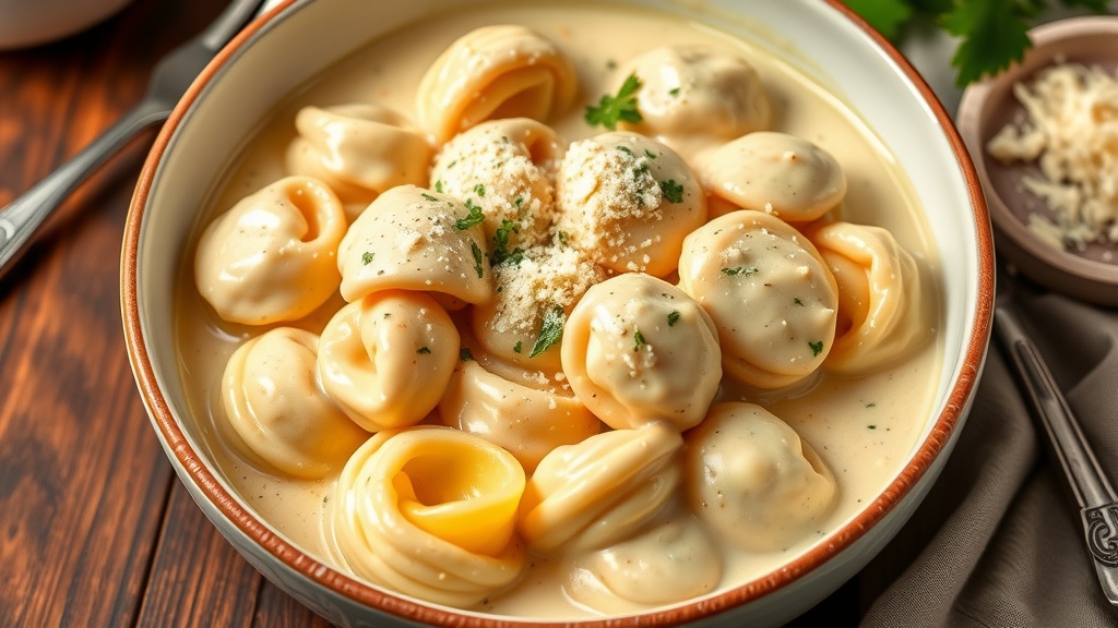 Creamy Tortellini Alfredo Delight Bowl of Tortellini Alfredo with cheese-filled pasta in creamy sauce, garnished with parsley and Parmesan, on a rustic table.